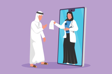 Cartoon flat style drawing of Arabian male patient receiving prescription from female doctor coming out of smartphone screen. Online medical healthcare consultation. Graphic design vector illustration