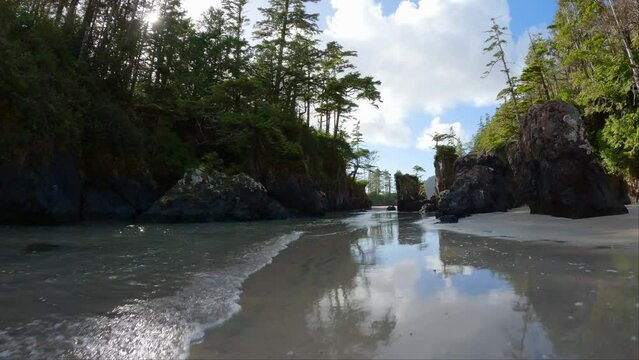 Sandy beach on Pacific Ocean Coast View. Sunny Blue Sky. San Josef Bay, Cape Scott Provincial Park, Northern Vancouver Island, BC, Canada. Canadian Nature Background. Cinematic 4k Slow Motion