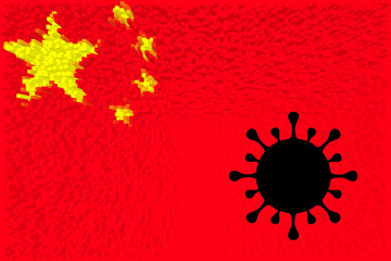 China. Coronavirus. China flag design with illustration of virus over the flag. Explosion of covid infections. omicron variant. Variants BA.2.86. Subvariants. Eris Covid. EG.5. Variant.