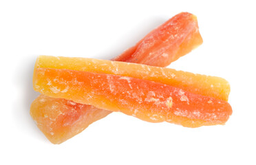 Dried Papaya pieces. Isolated on white background