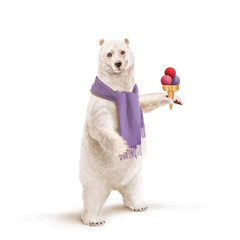 ours blanc, écharpe mauve, glace à la main, neige, trois boules, dessert, fraicheur, glacé, frais, montrant, faune, illustration, arctique, blanc, glace, animal, nature
