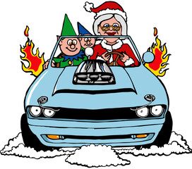 cartoon mrs claus and elf driving a muscle car