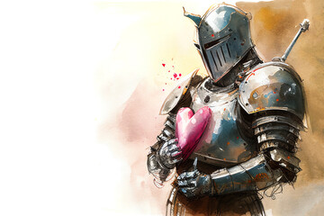 Fototapeta premium Knight in shining armour holding pink love heart, watercolour sketch. Generative AI.