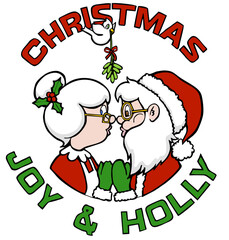mrs and mr santa claus kissing joy and holly