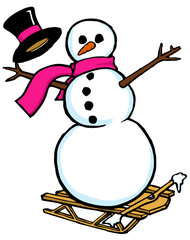 funny cartoon snowman riding a sleigh