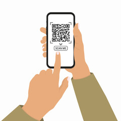 QR code mobile phone scan on screen. in hand on white background. Flat Style. Vector illustration.