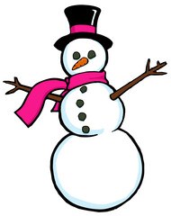 funny cartoon snowman wearing a top hat and scarf