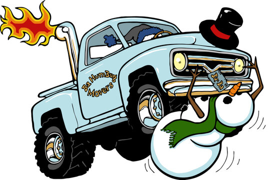 funny cartoon truck running over snow man