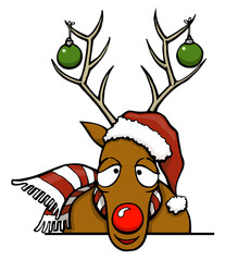 cartoon red nose reindeer with red and white scarf