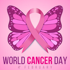 World cancer day butterfly illustration with pink ribbon