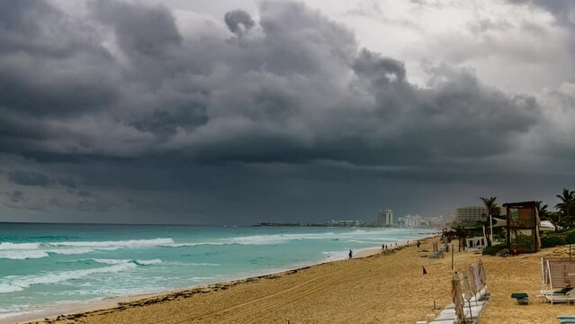 Cancun Beach Front View Timelapse with Storm Clouds in Hotel Zon