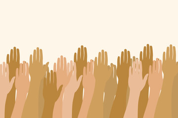 vector hands of different colors. Multiracial hands reaching up. Vector illustration