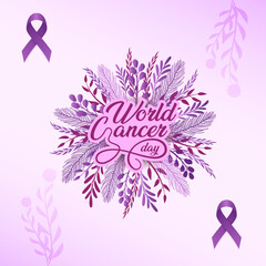 World cancer day illustration with cancer day ribbon and floral for labels