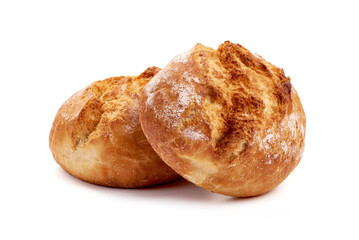 Crusty round bread rolls, isolated on white background.