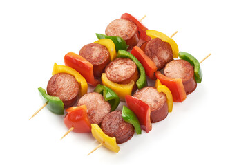 Kebab - grilled pork sausage skewers and vegetables BBQ, close-up, isolated on white background.