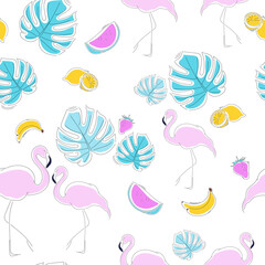 Seamless summer pattern of tropical fruits, flamingo and monstera. Watermelon, banana, strawberry and lemon. Vector illustration in doodle style. Prints, textiles, packaging design and wallpapers.