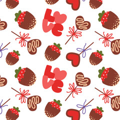 Seamless pattern with sweets for Valentine's Day. Chocolate covered strawberries, candy, love. Festive cute background for valentine's day.