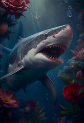 Shark Swimming Amidst Flowers and Fish. Generative ai