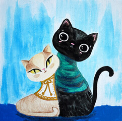 Artistic painting two cats, cozy scarves, 14 February Valentines. Picture contains interesting idea, evokes emotions, aesthetic pleasure. Canvas stretched, cardboard, oil natural paints. Concept art - 557241784