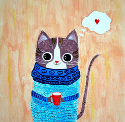 Artistic painting cat in a cozy scarf holds red cup of hot milk. Picture contains interesting idea, evokes emotions, aesthetic pleasure. Canvas stretched, cardboard, oil natural paints. Concept art - 557241900