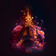 Eiffel tower with lights colorful flowers