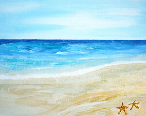 Artistic painting sea beach, starfish symbol of freedom relax time. Picture contains interesting idea, evokes emotions, aesthetic pleasure. Canvas stretched, cardboard, oil natural paints. Concept art - 557242103