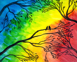 Artistic painting two birds sit on the black branches, tree winter. Picture contains interesting idea, evokes emotions, aesthetic pleasure. Canvas stretched, cardboard, oil natural paints. Concept art - 557242115