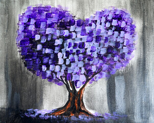 Artistic painting heart shaped tree, 14 February st Valentines day. Picture contains interesting idea, evokes emotions, aesthetic pleasure. Canvas stretched, cardboard, oil natural paints. Concept art - 557242133
