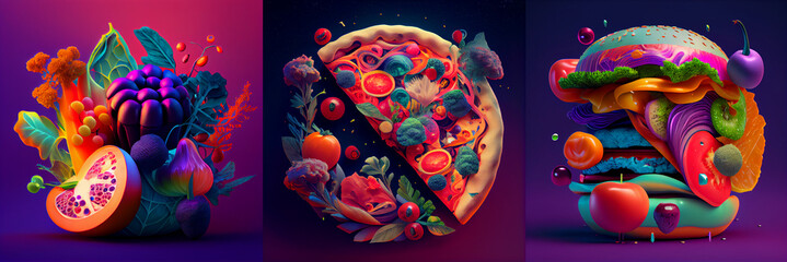 Colorful composition of  food, fruits and flowers, purple tone illustration