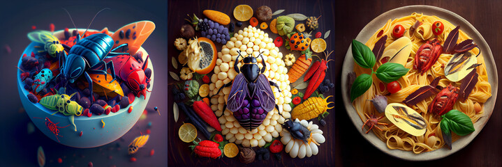 Futuristic food made from insects, design of food service,  haute cuisine collection 