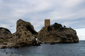 Fototapeta na wymiar waves leading to big rocks and a stone tower with birds flying all around 