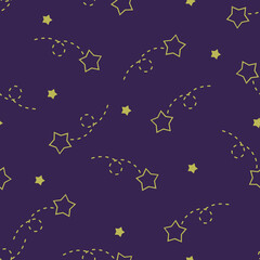 Vector illustration. Christmas seamless pattern with golden stars on a purple background. Paper design, packaging, wallpapers.
