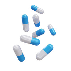 White and blue capsules isolated on transparent background. 3d render. PNG. Tablets, medicine concept. 3D rendering, ui, ux. Pills. Health - obrazy, fototapety, plakaty