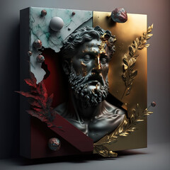 Sculpture de statue de personne stoïcienne, or,  visage rouge, 3D