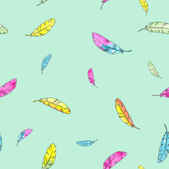 Watercolor painting little feathers - seamless pattern on light green color background