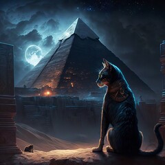 Egypt with pyramids, a pharaoh, a black cat, a waterfall, and the future concept.