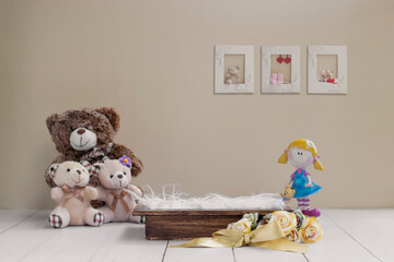 Newborn digital backdrop with teddy bear, toy, handmade flowers and wooden box. Newborn background....