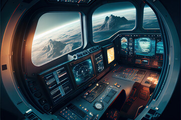 Spaceship cockpit interior, spacecraft control room, generative AI - obrazy, fototapety, plakaty