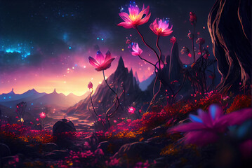 Fantasy forest at night, glowing flowers and lights, generative AI