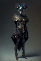 Fototapeta premium Portrait of an alien princess wearing golden armor, the face is covered with a mask and unusual eyes. Fantasy creation. Generative AI illustration