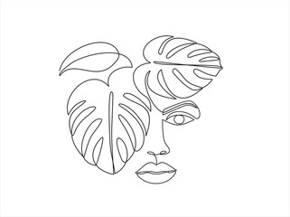 Woman face continuous one line vector drawing. Style templates with abstract female face and monstera leaves. Modern minimalist simple linear style. Beauty fashion design © mitay20