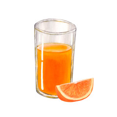 Watercolor orange juice in a transparent glass with slice . Isolated on white background. For menu, cookbook design