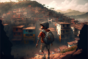 Fototapeta premium Boy walking through overcrowded slums with square multi-story houses and shops built of wood and brick, Made by AI, Artificial intelligence