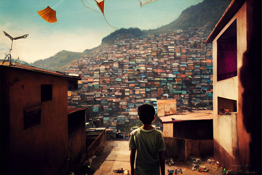 Boy flying a kite in overcrowded slums with square multistory houses and shops built of wood and brick, Made by AI, Artificial intelligence