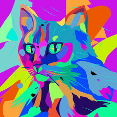 Abstract cat. The cat's face is splashed with multicolored spots.