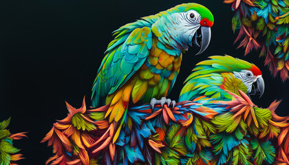 Fototapeta premium Painting of a cute parrot against a background of flowers, Generative AI