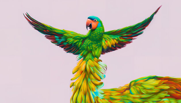 Painting of a cute parrot against a background of flowers, Generative AI
