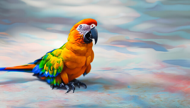 Painting of a cute parrot against a background of flowers, Generative AI