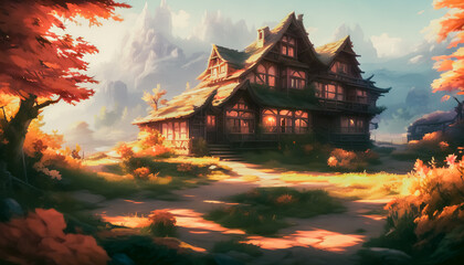 Concept of an old small village, houses in background, Generative AI