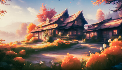 Concept of an old small village, houses in background, Generative AI